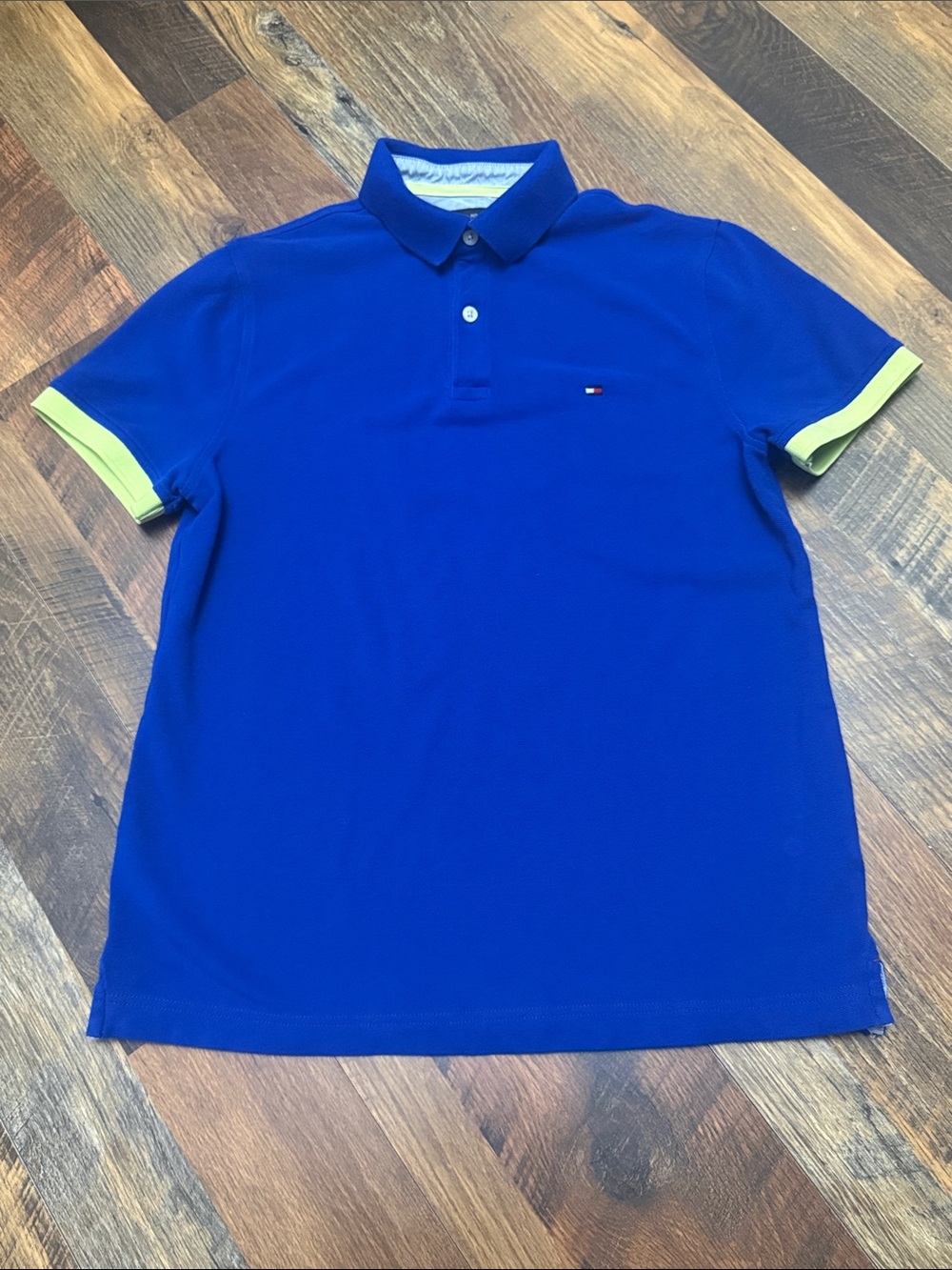 Tommy Hilfiger Custom Fit Polo Shirt Men’s Small Blue Lime Green Trim Cotton